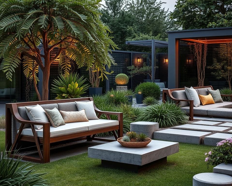 Luxe tuinbanken in een moderne tuin